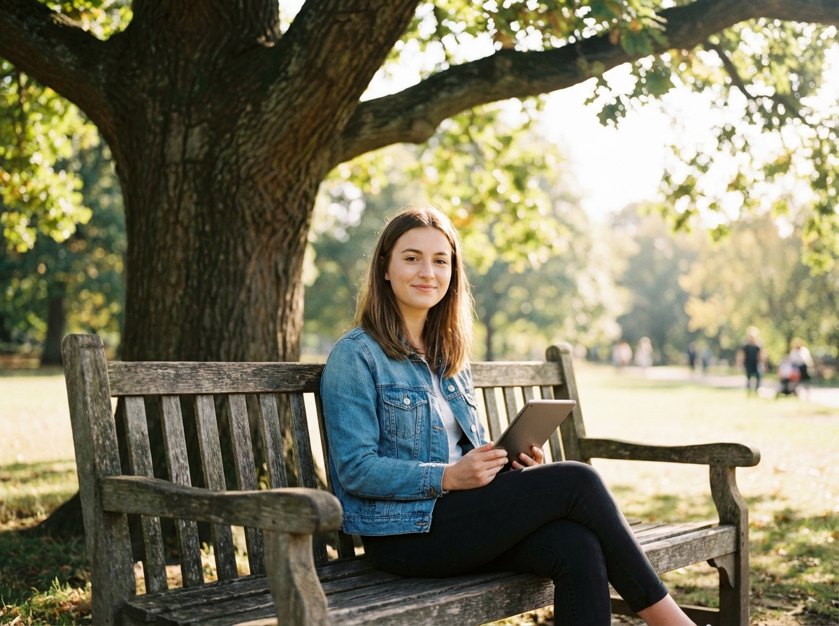 A young adult sitting on a park bench under a tree, looking relaxed and peaceful, holding a digital tablet, beautiful sunny day, soft bokeh background, high quality photography. 4:3