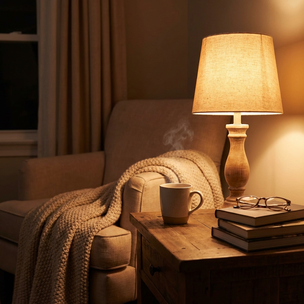 A cozy and dim bedroom setting at night with a warm glowing lamp, a ceramic mug of steaming herbal tea on a wooden bedside table, peaceful and relaxing atmosphere, high quality lifestyle photography, tea before bed, 1:1