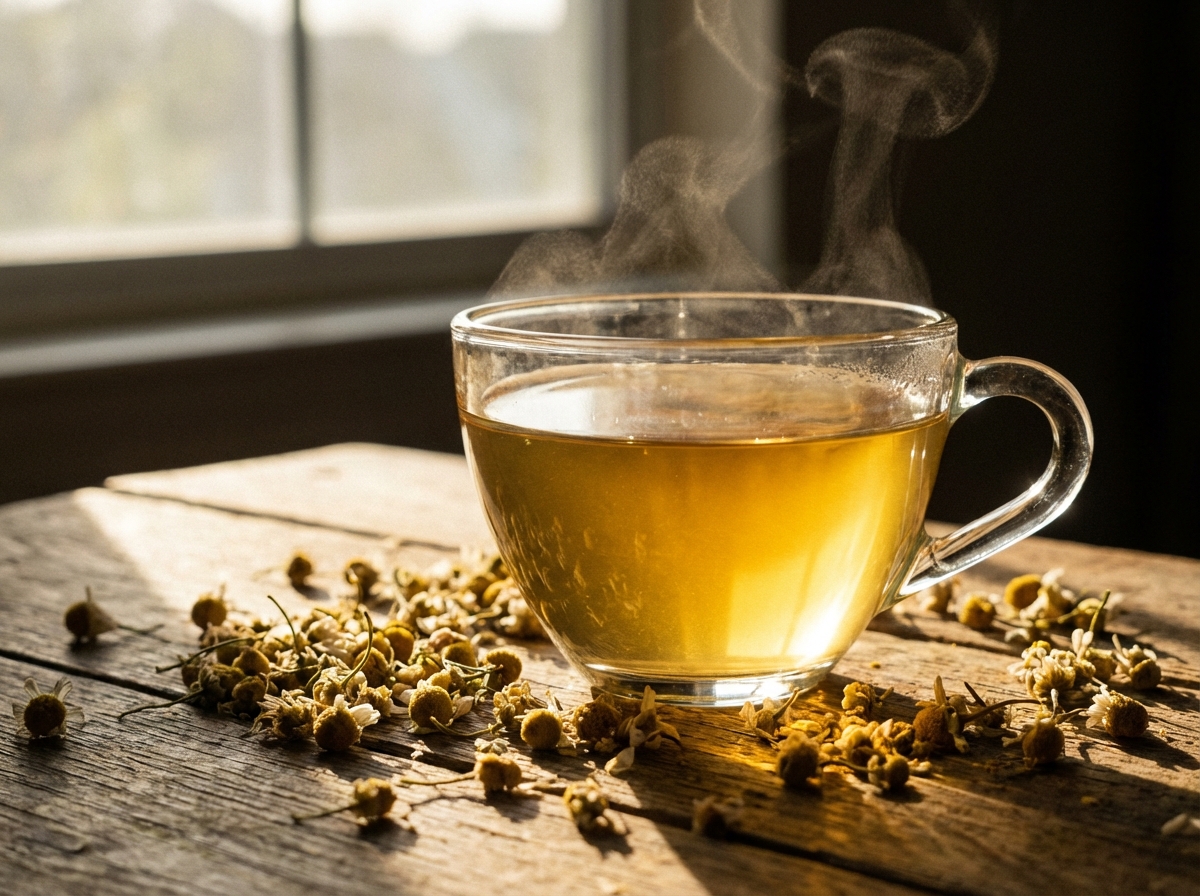 Close-up of a glass teacup filled with yellow chamomile tea, dried chamomile flowers scattered around, soft natural evening light, serene and clean layout, high contrast, 4:3