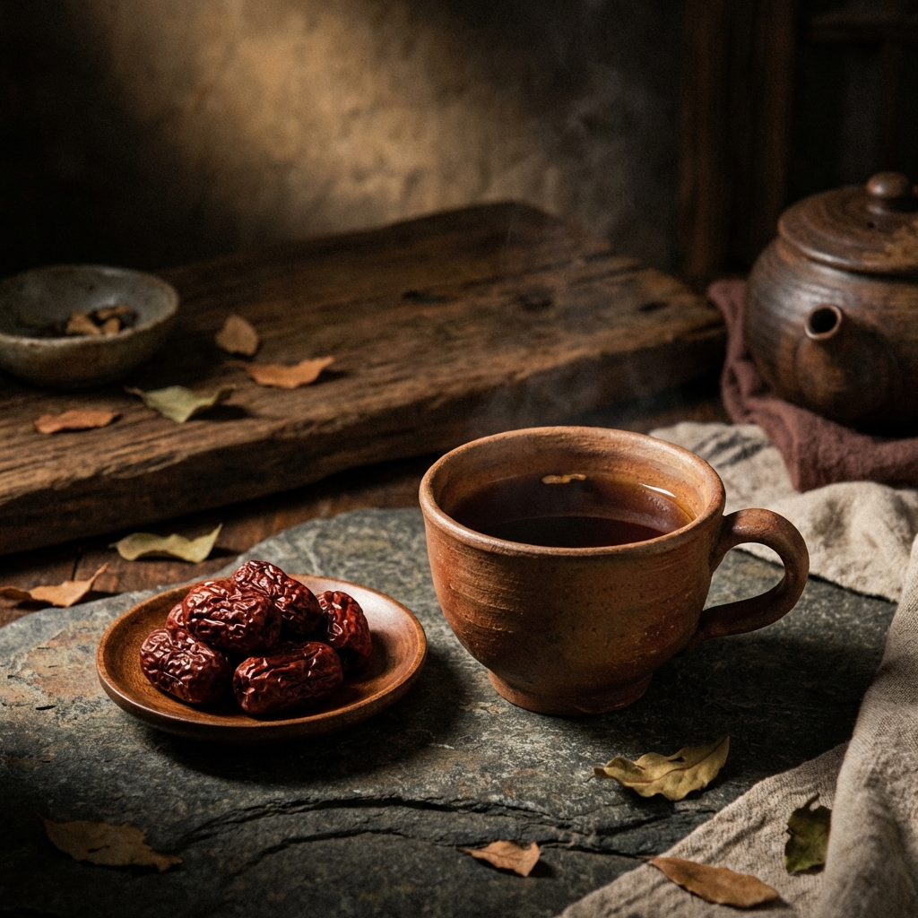 Traditional Korean tea setup with jujube tea in a clay cup, dried jujubes on a small wooden plate, dark moody background with warm spotlight on the tea, artistic and textured, 1:1