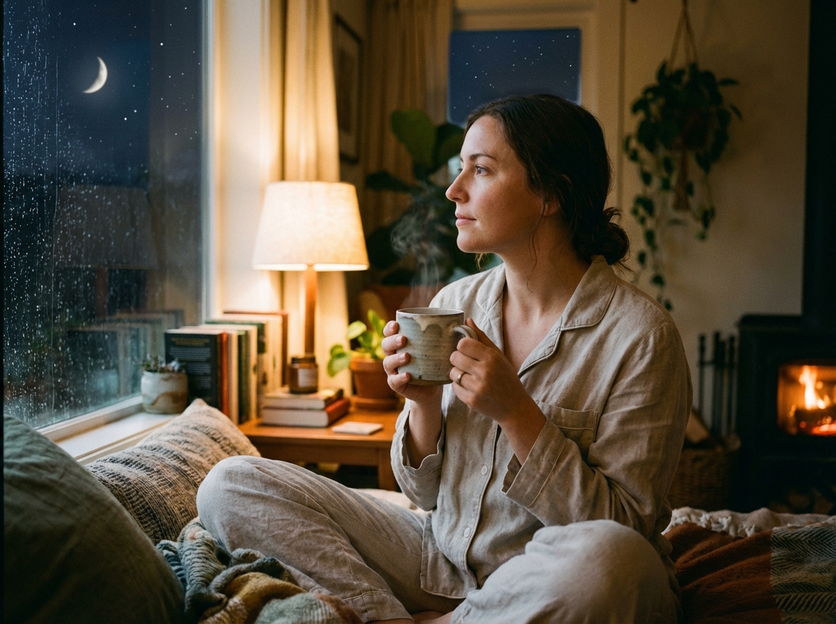 A person in comfortable pajamas holding a warm ceramic mug with both hands, looking out of a window at the dark night sky with a crescent moon, calm and peaceful expression, soft indoor lighting, 4:3