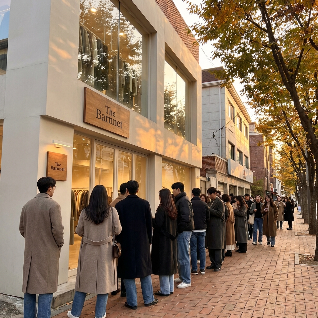 A realistic lifestyle photograph of a stylish clothing outlet building in Yongsan with people waiting outside, modern boutique style, warm afternoon lighting, The Barnnet brand aesthetic. 1:1