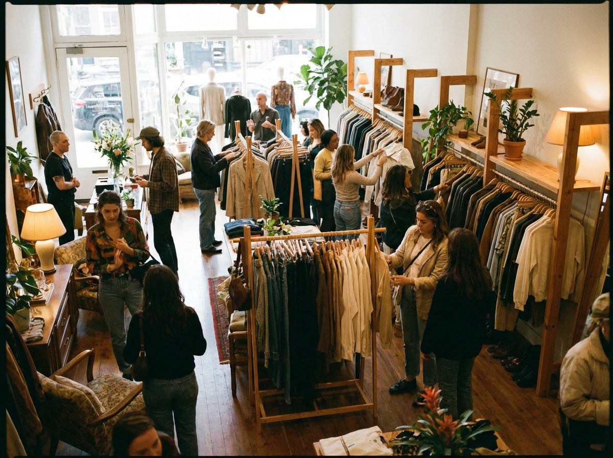 A busy interior of a fashion store with people browsing clothing racks, lifestyle photography, natural indoor lighting, cozy and stylish atmosphere. 4:3