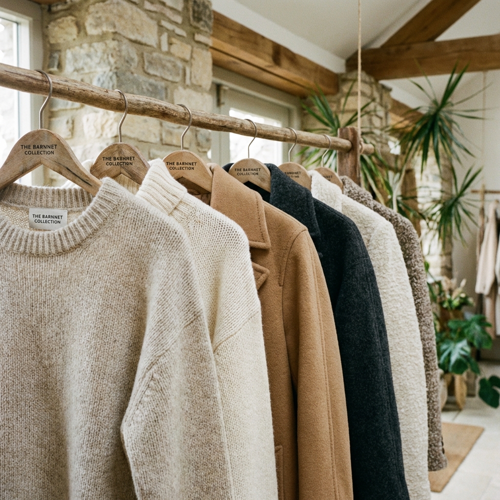 Close-up of high-quality coats and knitwear hanging on wooden hangers in a boutique outlet, soft textures, neutral colors, The Barnnet collection. 1:1