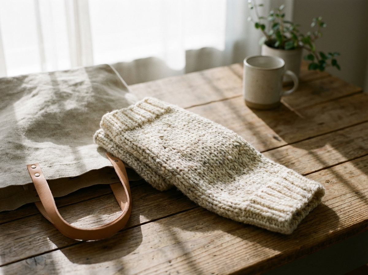 A minimalist lifestyle shot of a knit leg warmer and a shopping bag on a wooden table, warm and aesthetic mood. 4:3