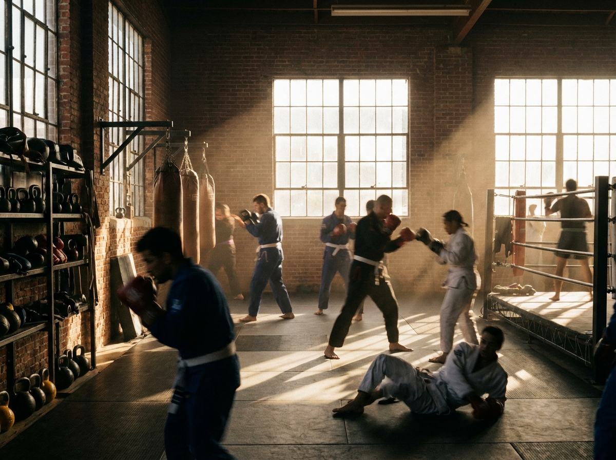 A cinematic shot of a professional martial arts gym with boxing bags and training gear, dramatic lighting from windows, dust particles in the air, energetic atmosphere, realistic photography, high resolution, 4:3
