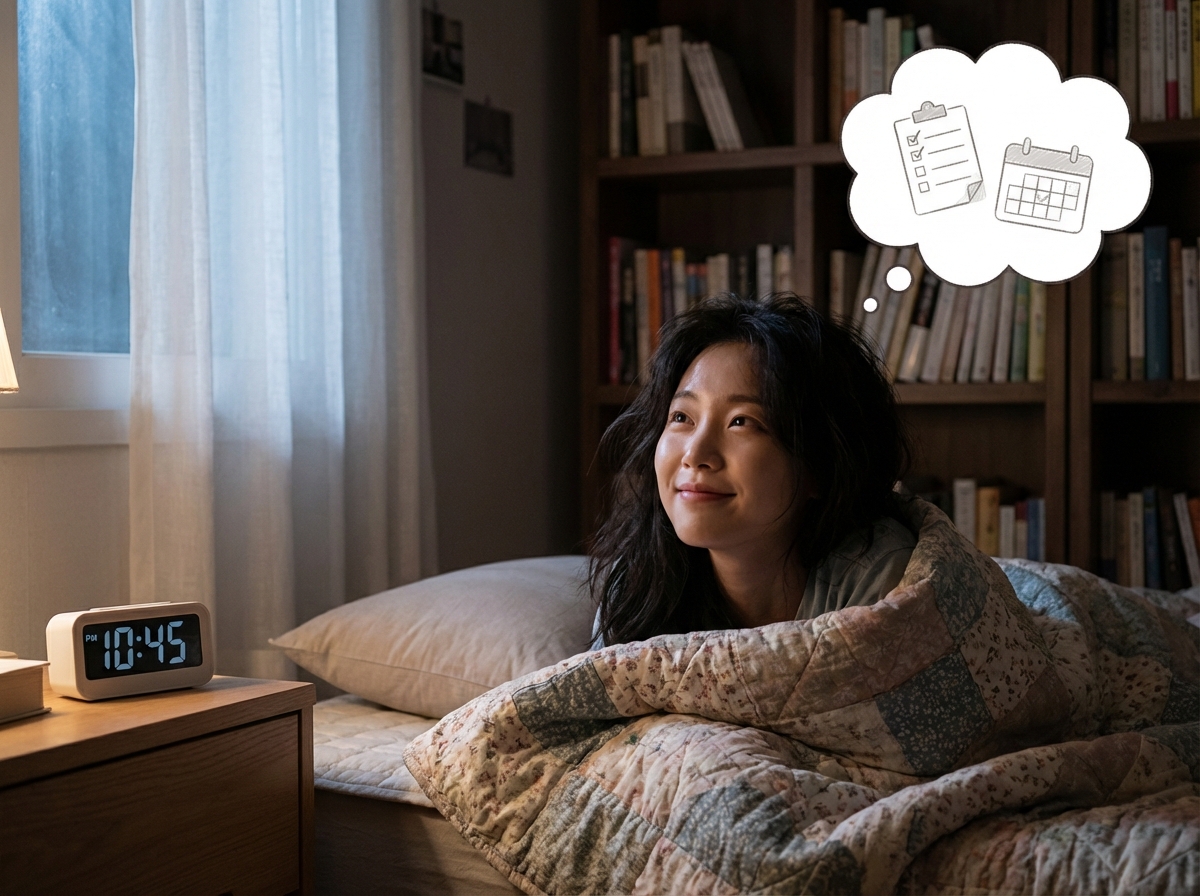 A young Korean person lying in a cozy bed at night, looking at the ceiling with a small satisfied smile, soft moonlight through the window, peaceful bedroom interior, thinking about a productive day, 4:3