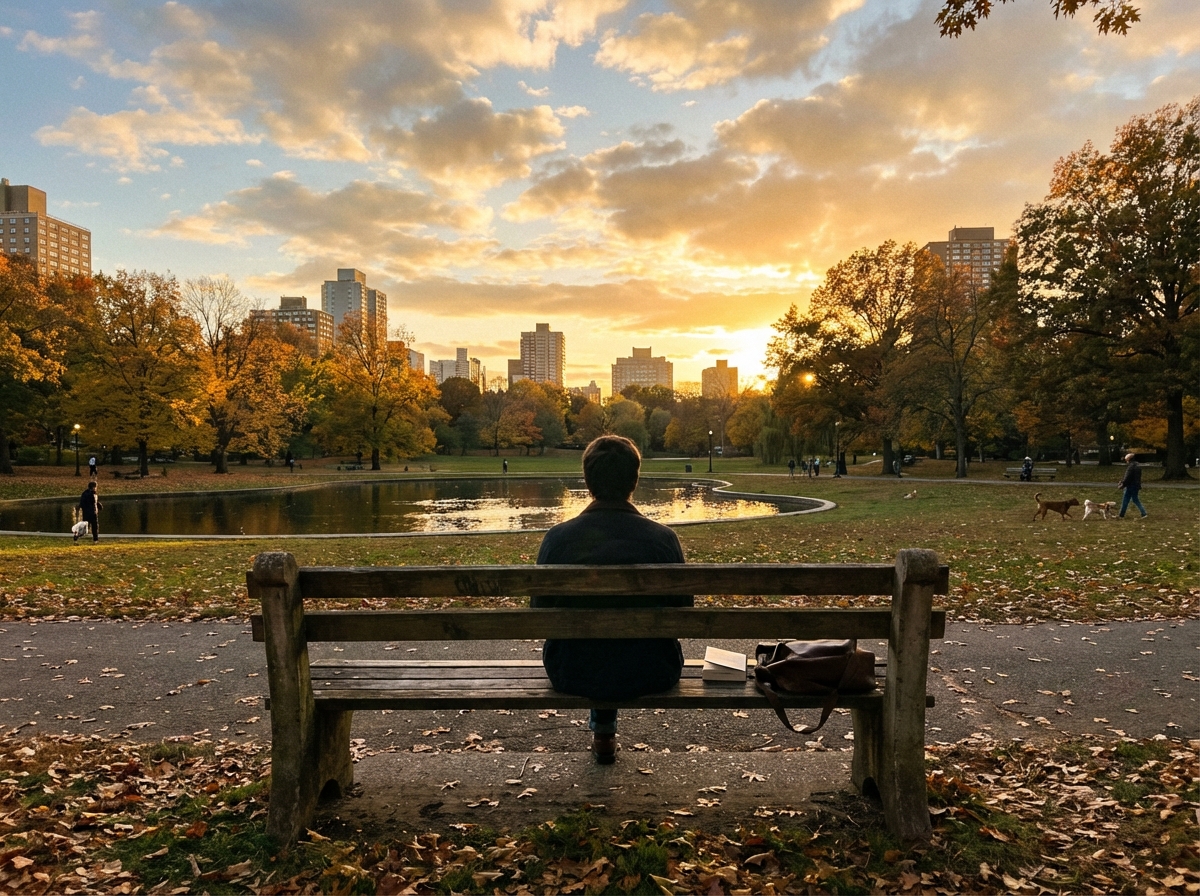 A peaceful scenic view of a city park at sunset, a person sitting on a bench looking at the golden sky, representing a calm end to a busy day, soft warm lighting, detailed composition, 4:3