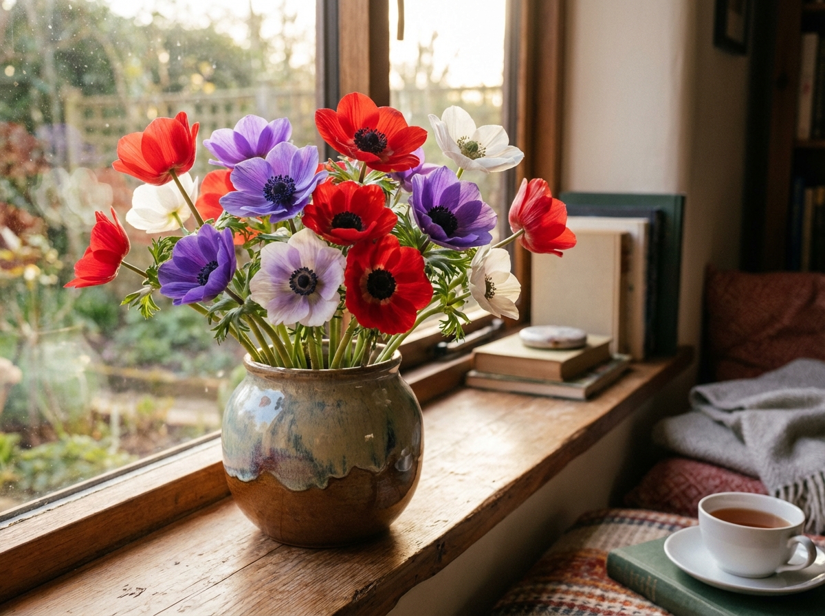 A vibrant lifestyle photograph of blooming Anemone flowers in various colors like red, purple, and white. The flowers are in a stylish ceramic pot placed on a sunlit wooden windowsill. Soft natural light illuminates the delicate petals. High resolution, warm atmosphere, 4:3