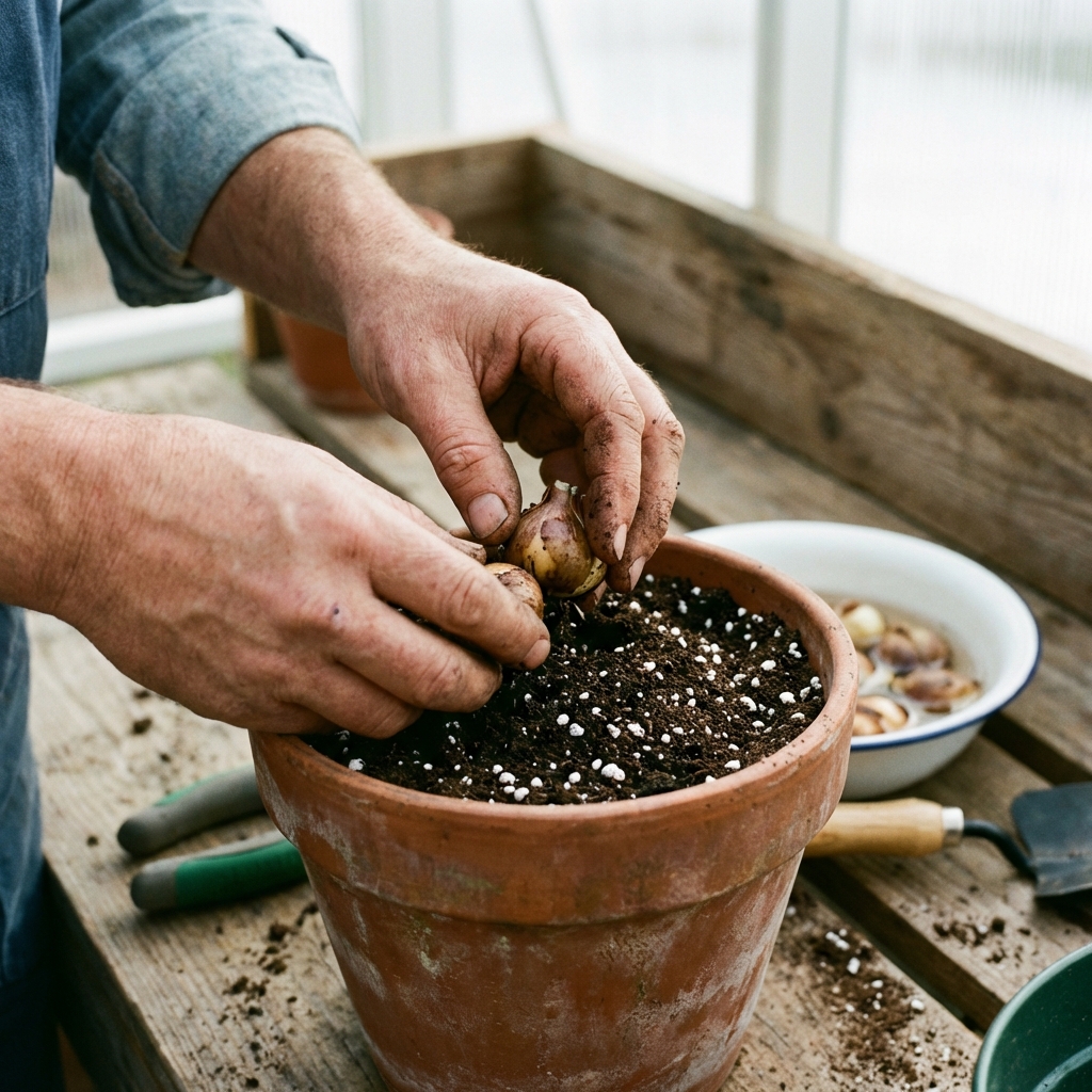 A detailed close-up shot of a person's hands planting soaked Anemone bulbs into a terracotta pot filled with rich dark soil mixed with perlite. The scene is bright and clean. Gardening lifestyle photography, 1:1