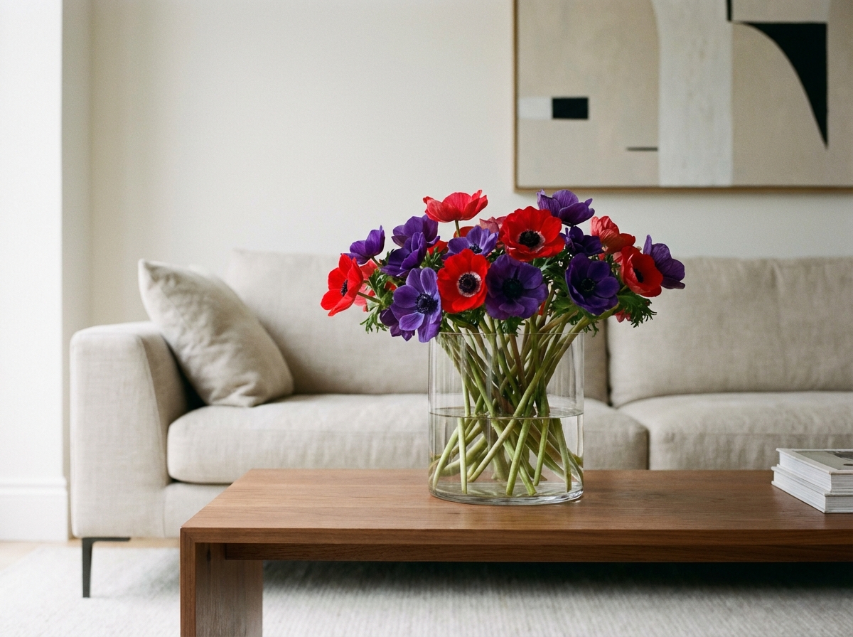 An artistic indoor shot of a glass vase filled with freshly cut Anemone flowers in vibrant shades of red and violet. The vase is placed on a modern wooden table in a minimalist living room. Professional interior photography, elegant mood, 4:3