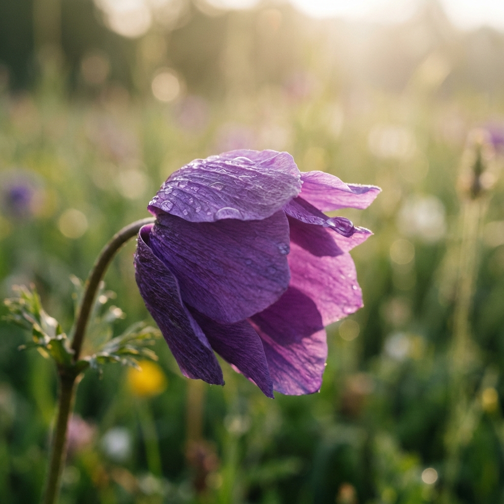 A poetic close-up of a deep purple Anemone flower blooming in a garden. Dewdrops are visible on the thin, paper-like petals. The background is a soft, blurred green meadow. Cinematic lighting, 1:1