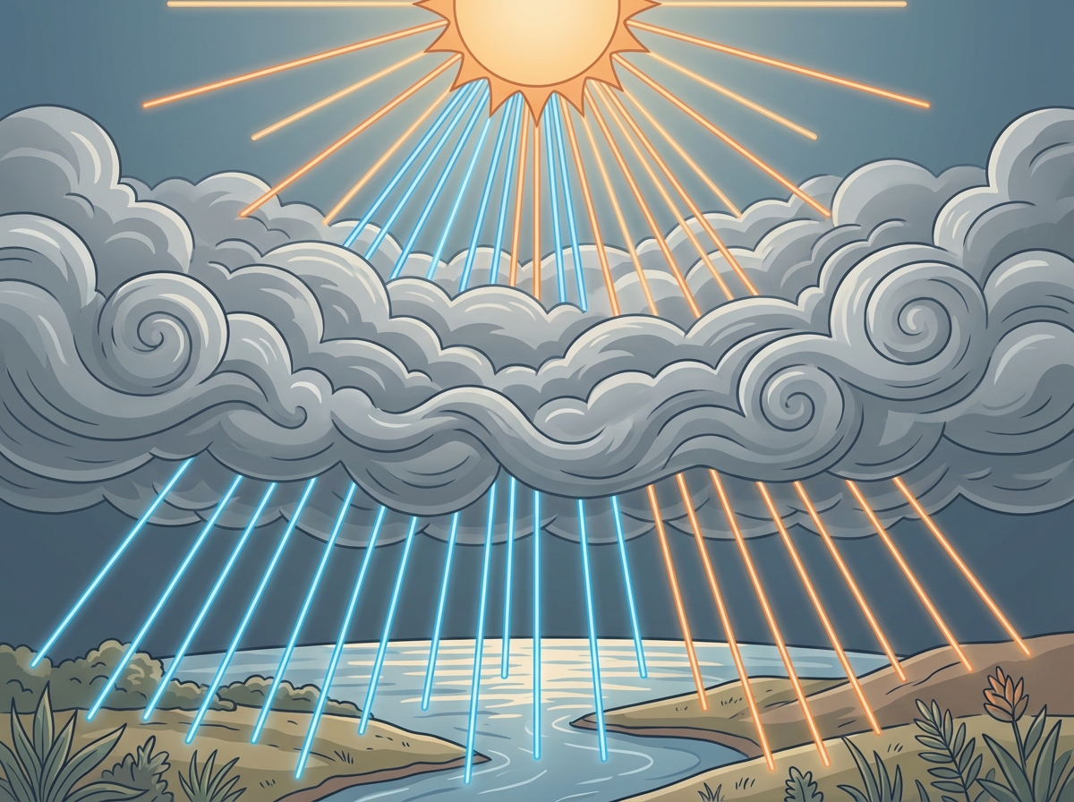A conceptual informational illustration showing solar UV rays penetrating through thick gray clouds and reaching the earth surface. Use a clean infographic style with blue and orange light lines. No text. 4:3