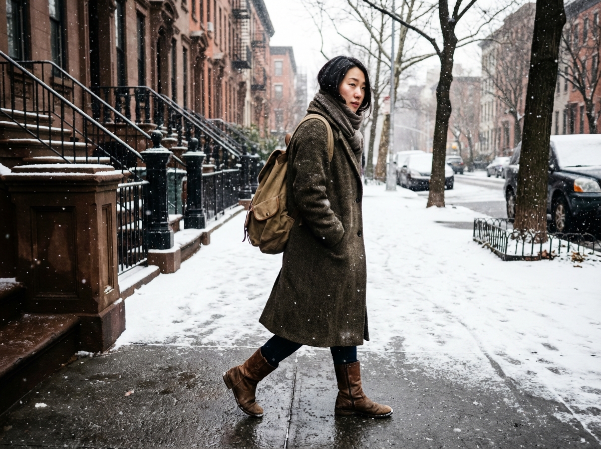 A lifestyle photography of a person walking on a snowy city street under an overcast sky. The white snow is reflecting soft light onto the person face. Natural winter clothing, Korean appearance. High contrast, realistic style. 4:3