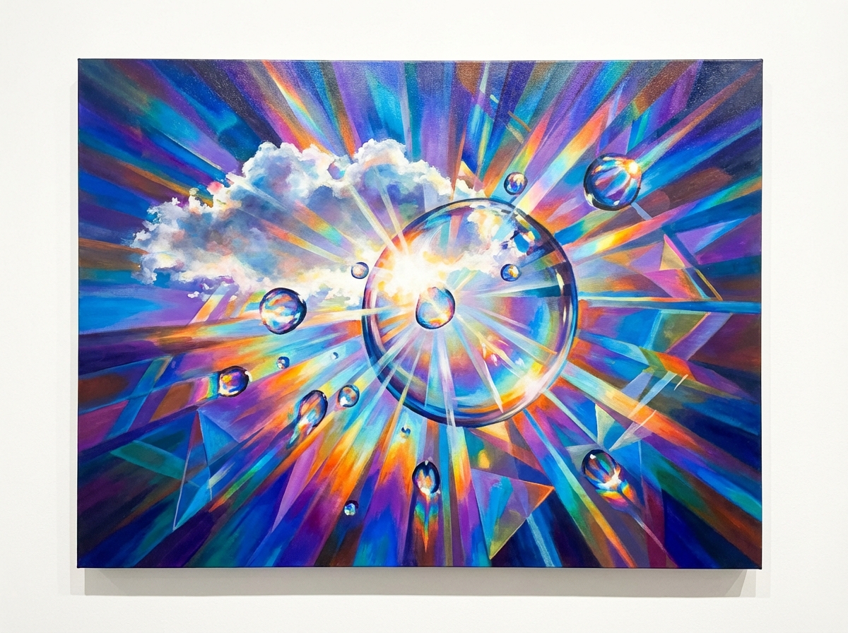 An artistic rendering of sunlight scattering through water droplets in a cloud, creating a magnifying glass effect. Vivid light rays spreading in multiple directions. Modern layout, vibrant colors. 4:3
