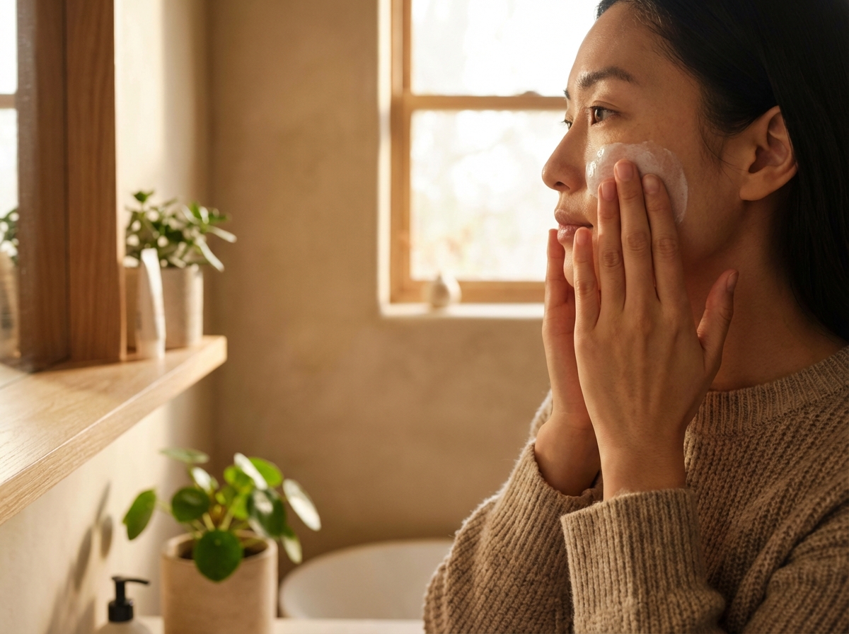 A close-up lifestyle shot of a person hands applying white sunscreen lotion onto their face. Warm indoor lighting, clean aesthetic, natural setting. Korean person. 4:3