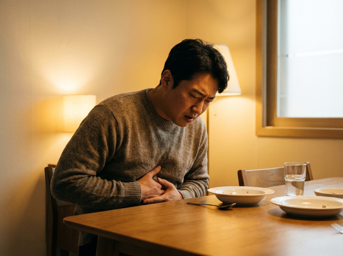 A Korean man in his 30s sitting at a dining table, looking distressed and holding his upper stomach area, warm indoor lighting, realistic lifestyle photography, 4:3
