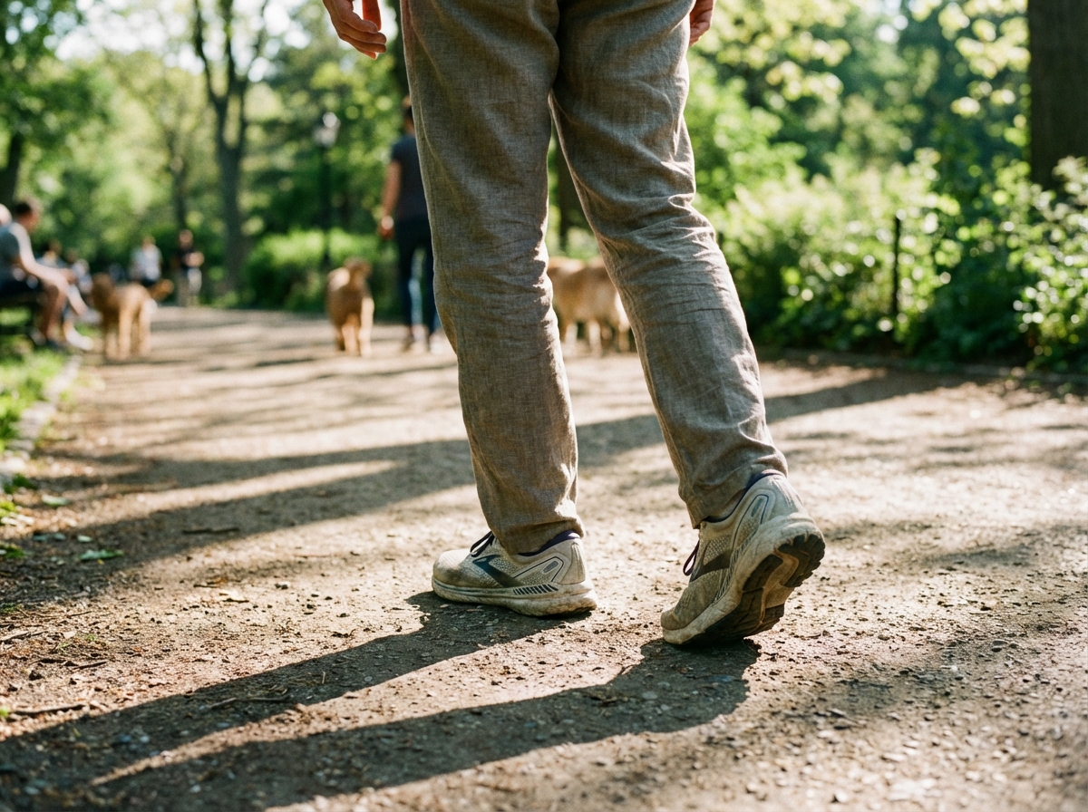 A person wearing comfortable clothes walking slowly on a sunny park path, focus on legs and shoes, natural light, healthy lifestyle, 4:3