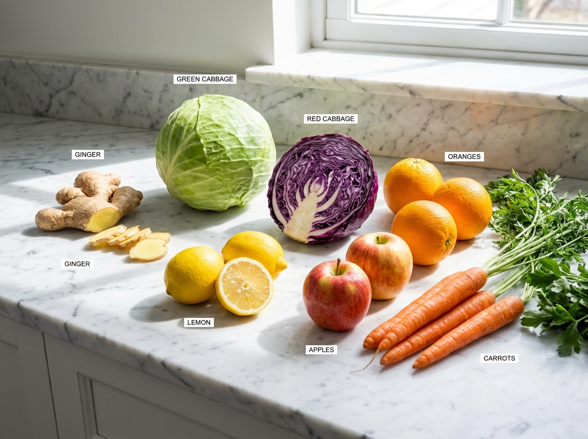 A bright and clean composition of various fresh vegetables and fruits like ginger and cabbage on a marble countertop, high contrast, informational style, 4:3