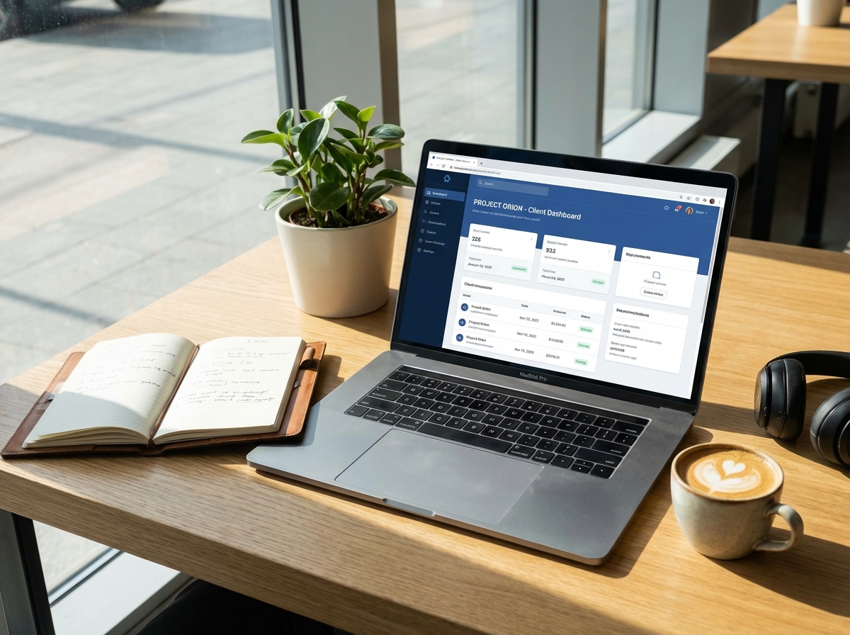 A modern office desk with a clean laptop showing a web portal interface, a notebook, and a coffee cup, bright professional atmosphere, high contrast, 4:3