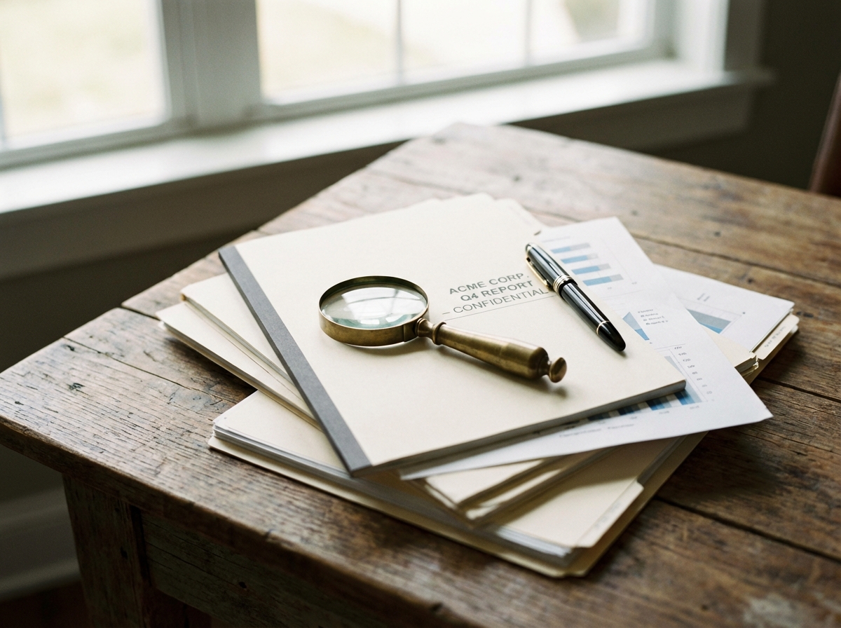 A stack of professional business documents with a magnifying glass on top, a fountain pen nearby, soft natural lighting, realistic photography style, 4:3