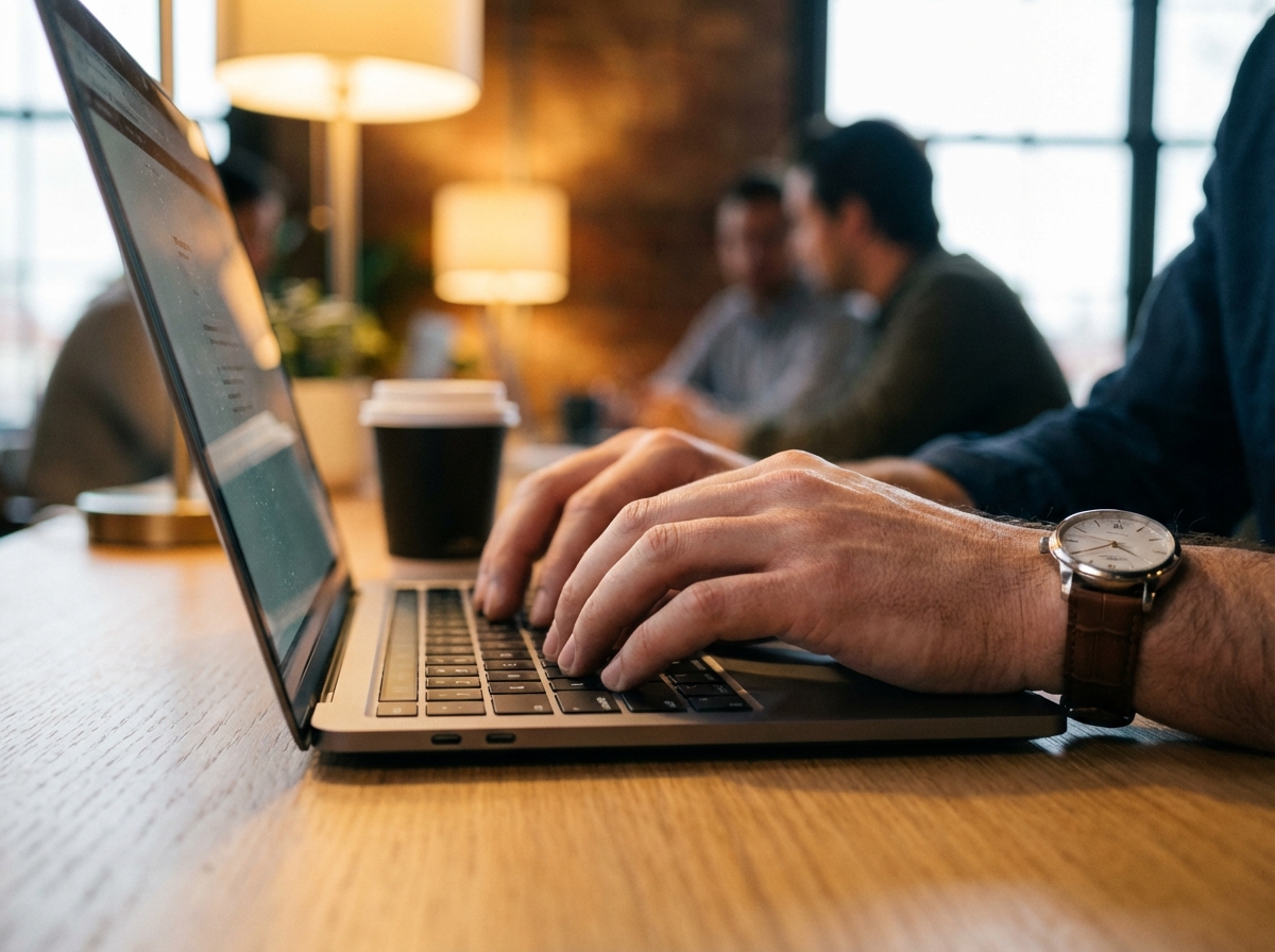 Close-up of hands typing on a modern laptop keyboard, professional business environment, warm indoor lighting, high quality lifestyle photography, 4:3
