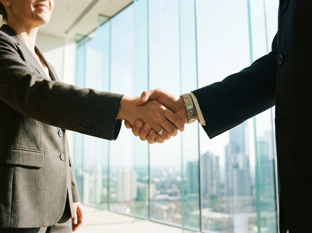Two business people shaking hands in a bright modern office with glass windows, focus on the handshake, professional and trustworthy atmosphere, 4:3