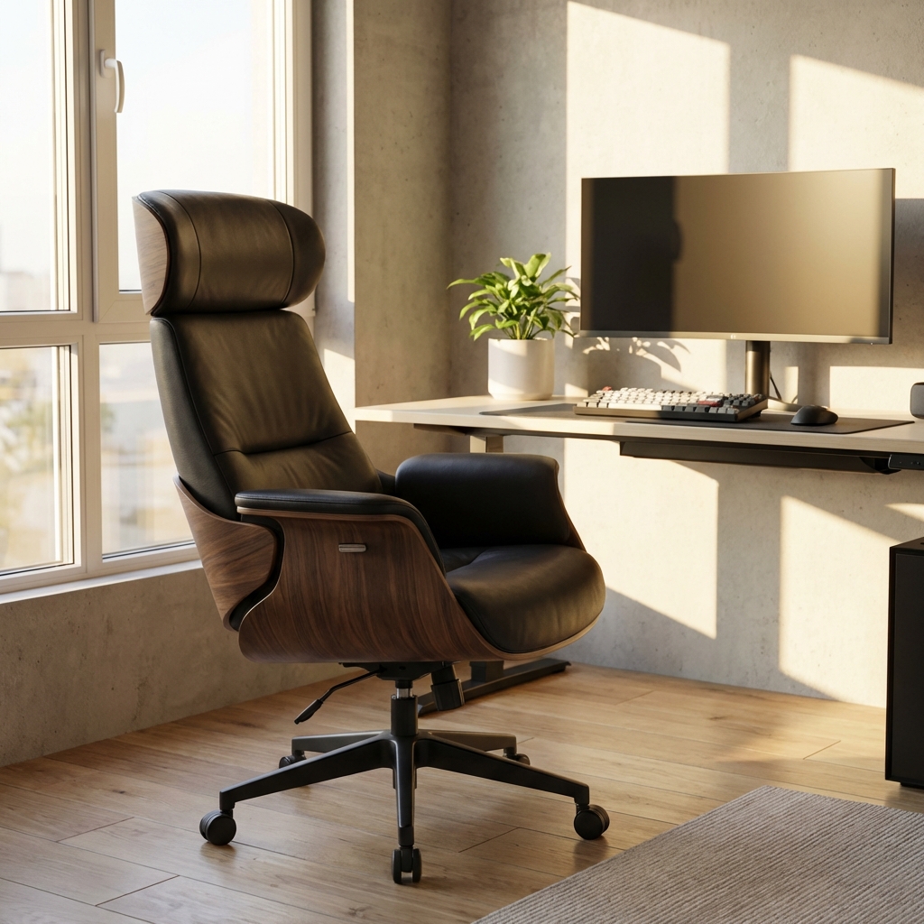 A clean and premium gaming chair positioned in a modern room with soft sunlight, organized desk in the background, high quality lifestyle photography, 1:1