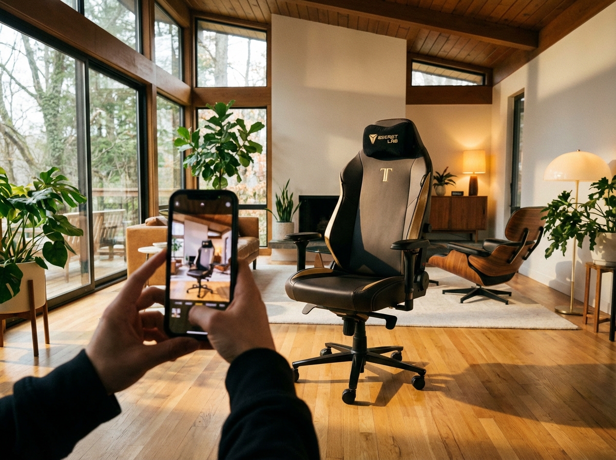 Close up shot of a person taking a photo of a high-end gaming chair with a smartphone in a bright living room, professional lighting, realistic setting, 4:3