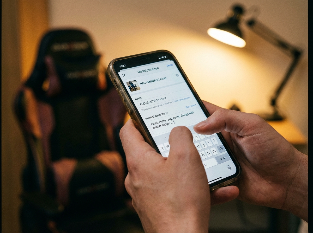 Close up of hands typing a product description on a mobile phone screen showing a marketplace app, gaming chair in the background out of focus, warm indoor lighting, 4:3