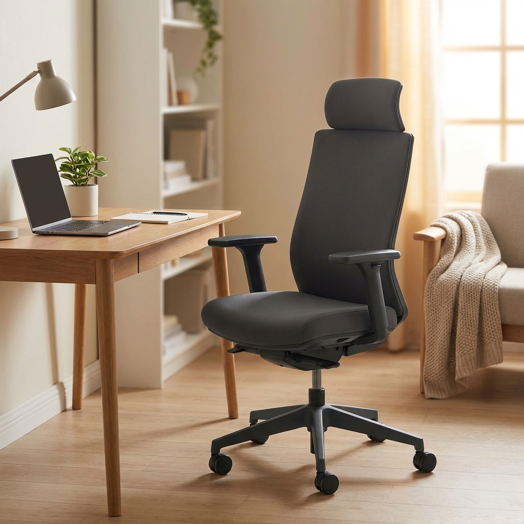A tidy room with a new ergonomic office chair, cozy atmosphere, organized workspace, soft focus on the background, clean composition, 1:1