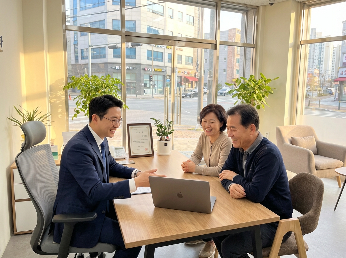 A professional Korean insurance agent in a modern office, wearing a neat suit, consulting with a smiling couple, natural sunlight, warm and trustworthy atmosphere, 4:3