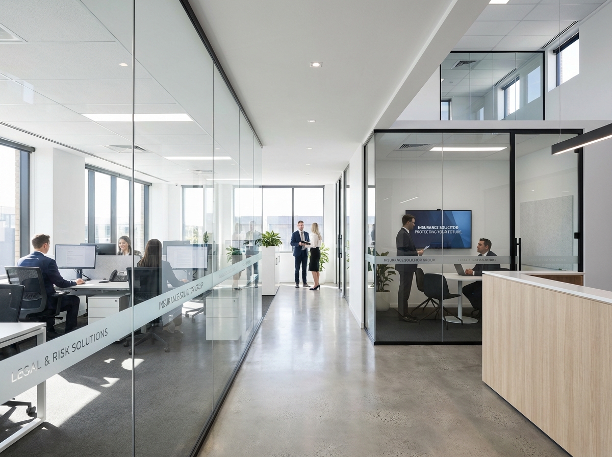 A sleek and modern corporate insurance company office interior, professional staff working at desks, glass partitions, bright and clean design, Insurance Solicitor theme, 4:3
