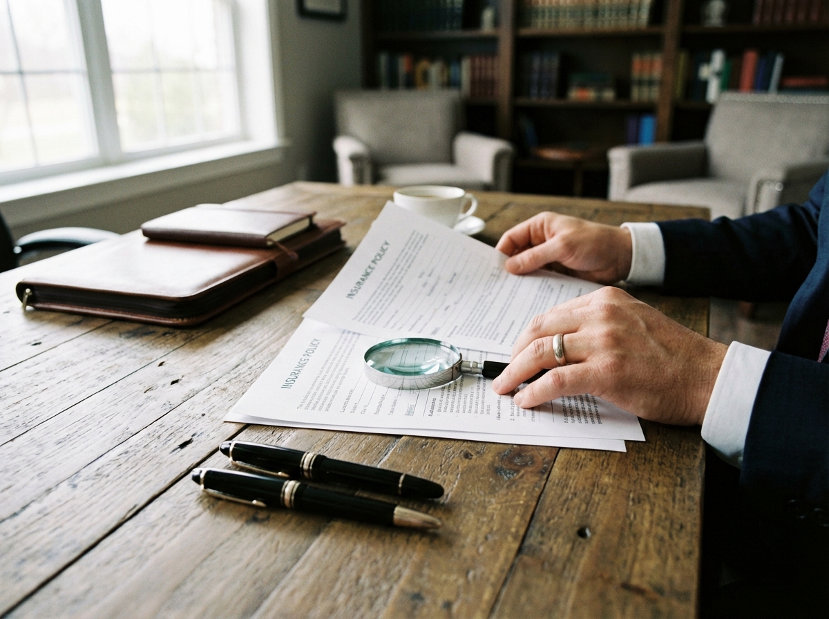 Close-up of hands reviewing insurance documents on a wooden desk, high-quality pens, professional setting, soft focus background, 4:3