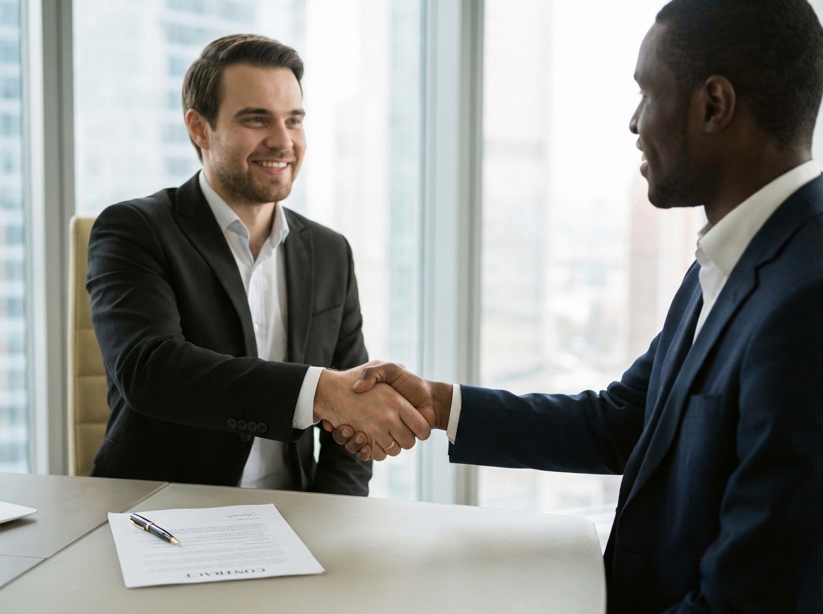 A firm handshake between a professional agent and a client after signing a contract, blurred office background, professional and successful vibes, 4:3