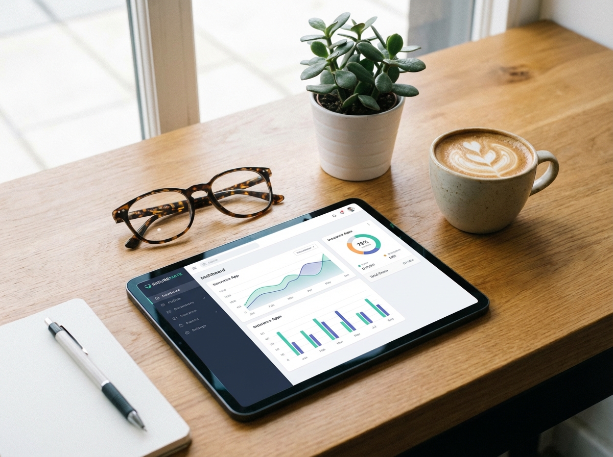 A tablet displaying insurance app on a desk, eyeglasses, coffee cup nearby, clean and organized workspace, 4:3