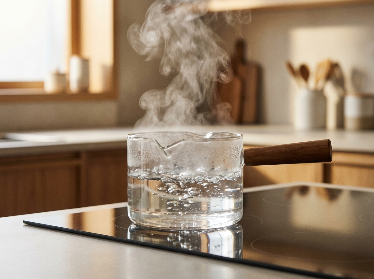 A clear glass pot on a modern stove with boiling water inside, visible steam rising gracefully, soft kitchen lighting, high quality photography, 4:3