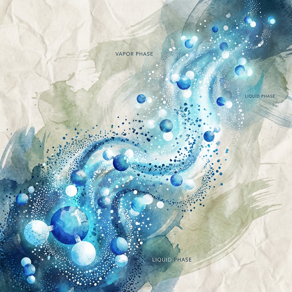Conceptual illustration of water molecules turning into vapor and rising, blue and white artistic particles, abstract scientific visualization, textured background, 1:1