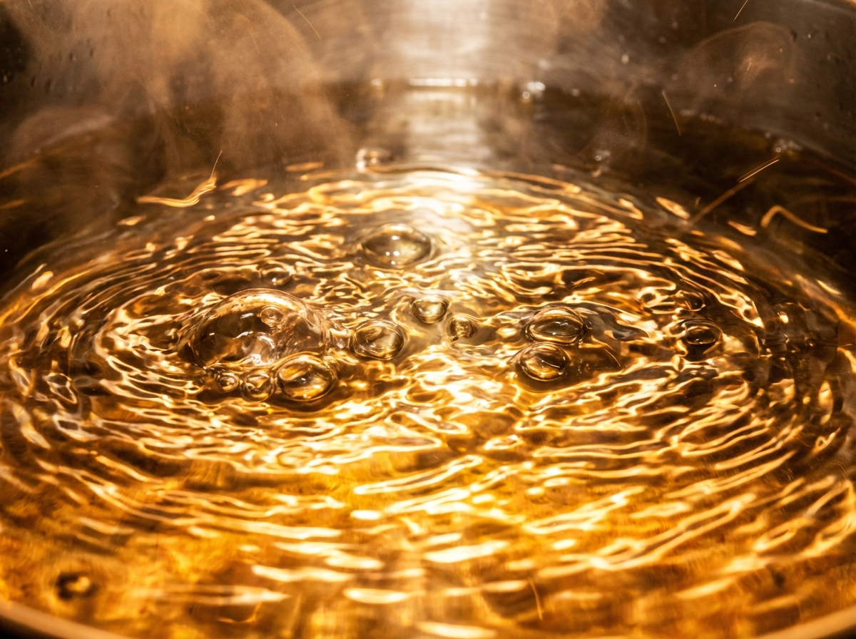 Macro shot of boiling water surface with ripples and bubbles, glowing warm golden light, artistic representation of energy and vibration, high contrast, 4:3
