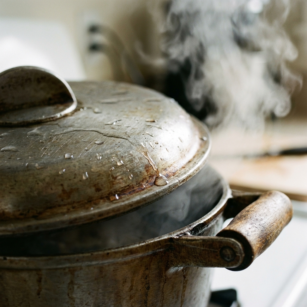 Close up of a metal pot lid with water droplets condensed on it, steam escaping from the side, realistic texture, soft focus background, 1:1