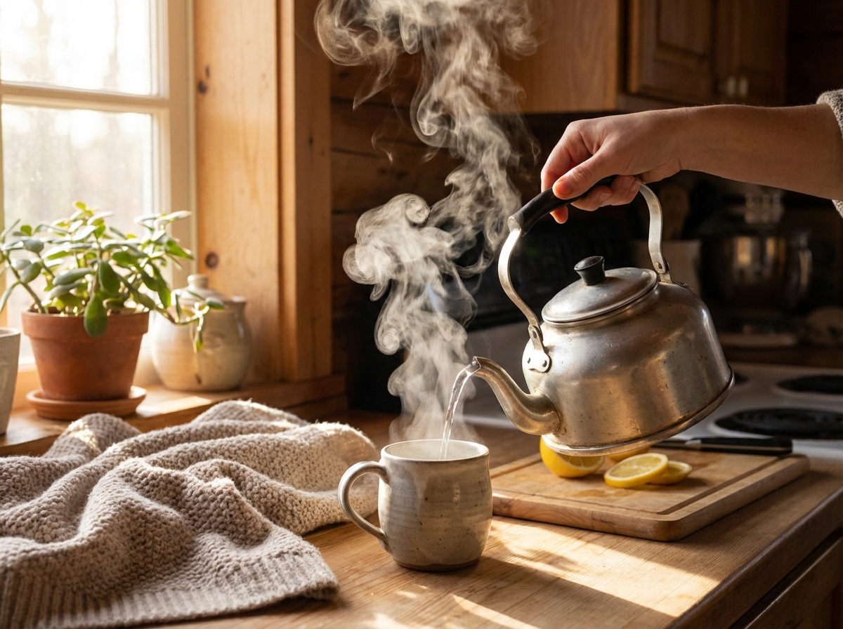 Pouring hot boiling water from a kettle into a ceramic cup, beautiful steam trails, cozy kitchen morning atmosphere, warm sunlight, lifestyle photography, 4:3