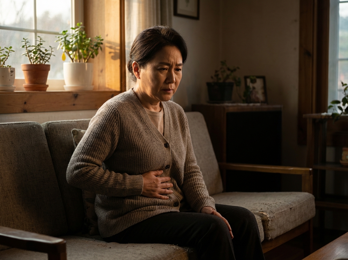 A Korean woman sitting on a sofa, gently holding her upper left abdomen with a concerned expression, soft living room lighting, realistic photography style, 4:3