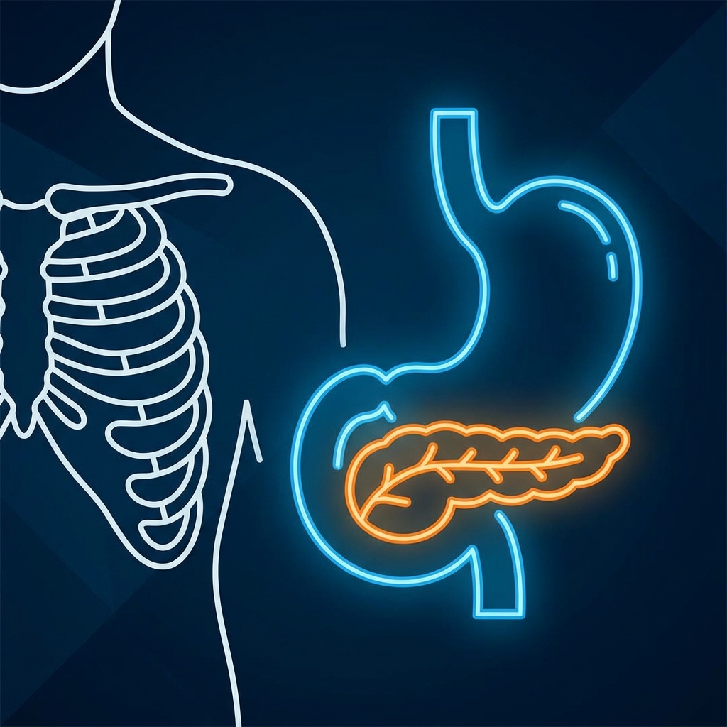 Modern clean medical infographic showing the anatomy of the stomach and pancreas in the upper left abdomen, high contrast, clear layout, no text, 1:1