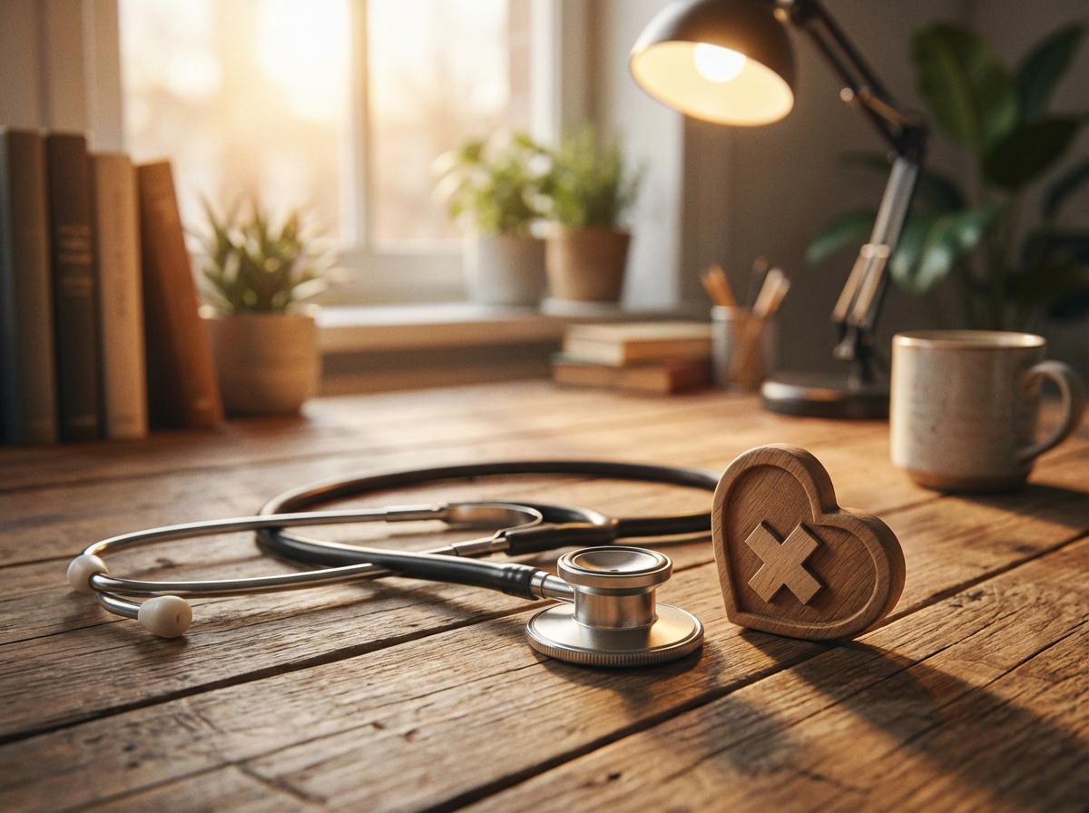 A stethoscope placed on a wooden table with a heart-shaped icon, warm lighting, clinical yet comforting atmosphere, professional photography, 4:3