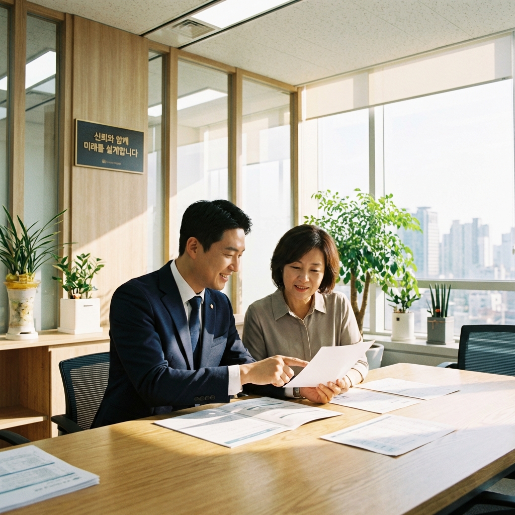 A professional Korean male insurance agent in a clean suit is consulting with a middle-aged client in a bright modern office. They are looking at some documents together. The atmosphere is trustworthy and warm. 1:1