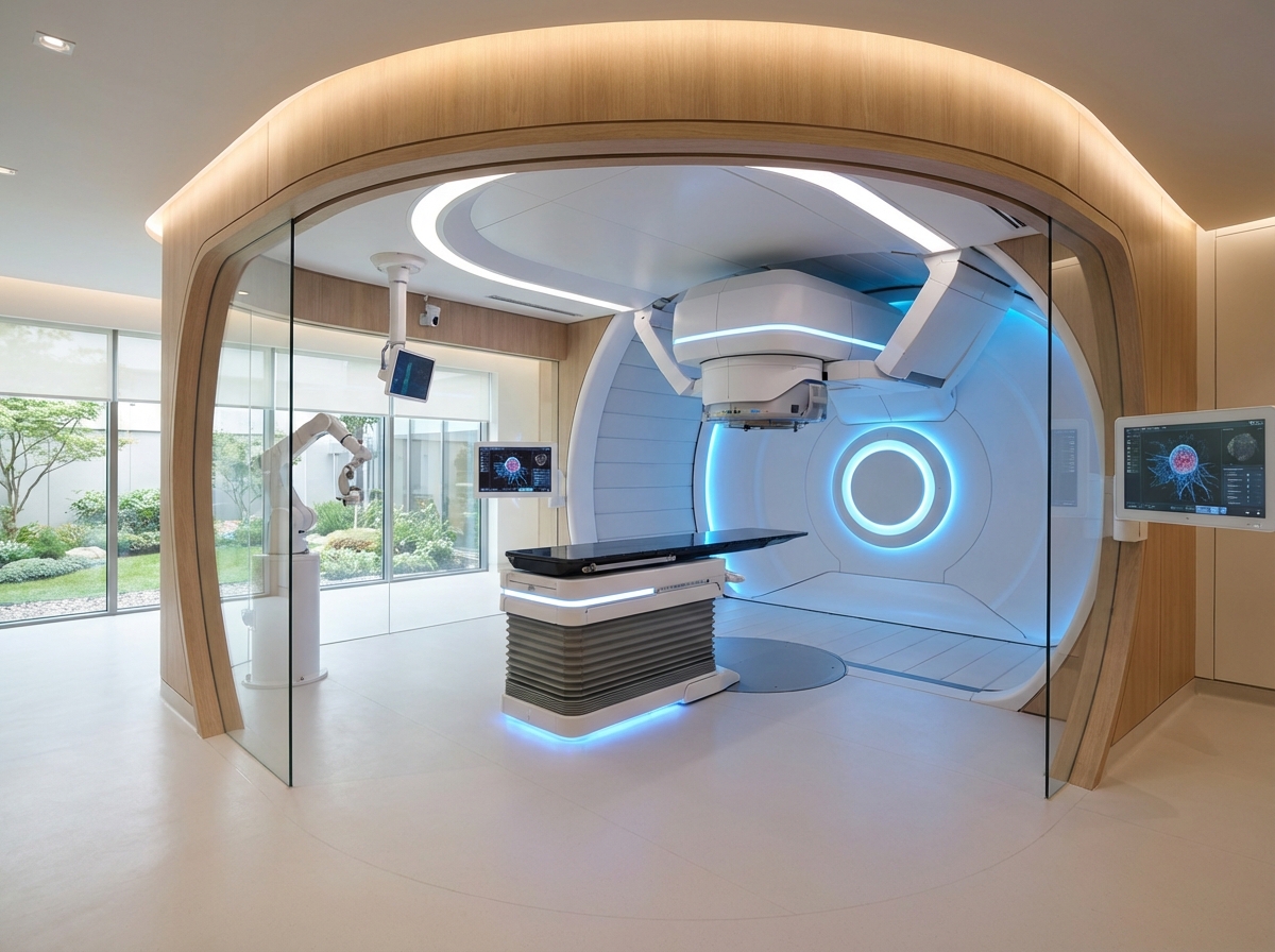 High-tech medical equipment in a modern hospital room for cancer treatment. Soft lighting, clean environment, advanced technology feel. No text. 4:3