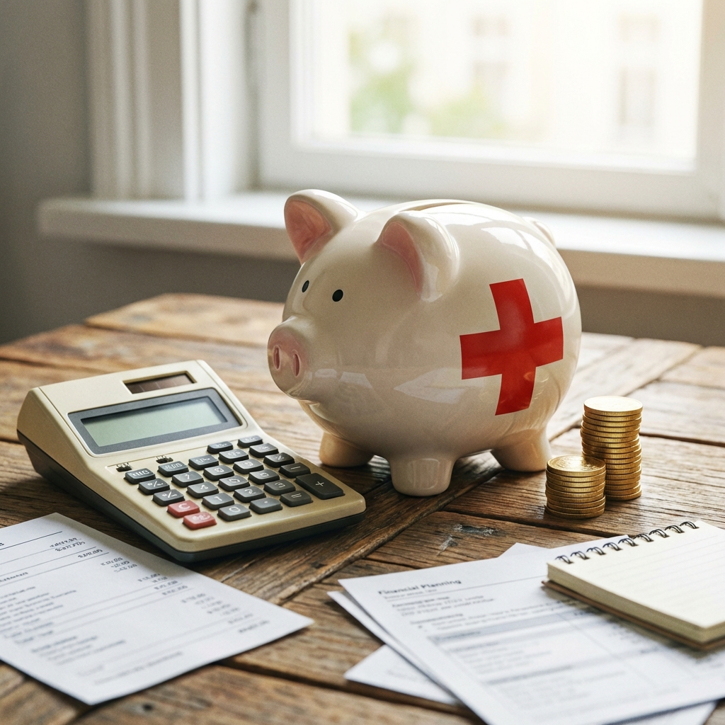 A piggy bank with a red medical cross symbol on it, placed next to a calculator and some gold coins on a wooden table. Bright lighting, financial planning theme. 1:1