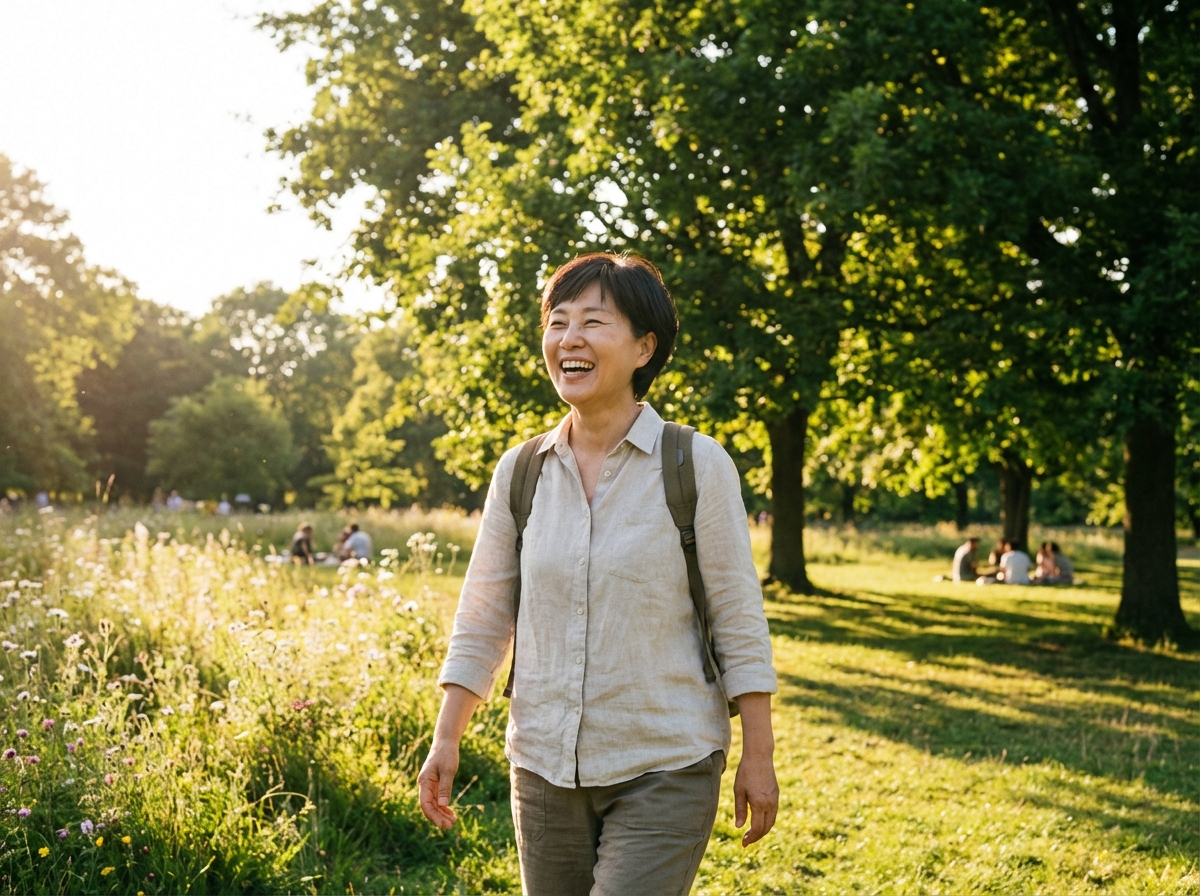 A happy middle-aged Korean person walking in a beautiful sunny park, looking healthy and relieved. Warm sunlight, green trees background. 4:3