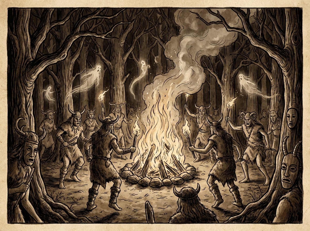 Ancient Celtic Samhain festival scene at night, people wearing animal skins and primitive masks around a large bonfire, mystical atmosphere in a dark forest, historical illustration style, no text, 4:3