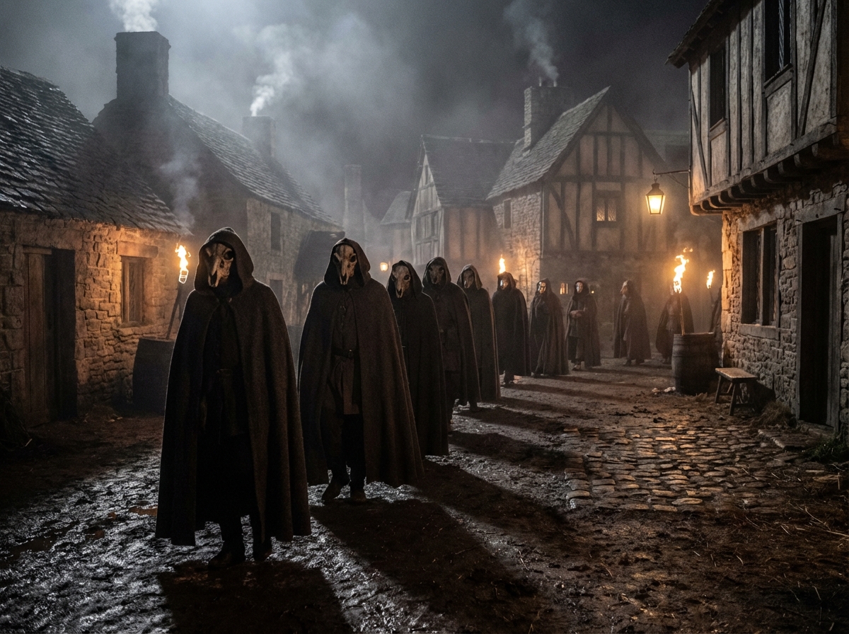 Medieval European people wearing dark cloaks and mysterious skull masks walking through a misty village at night, cinematic lighting, historical atmosphere, no text, 4:3